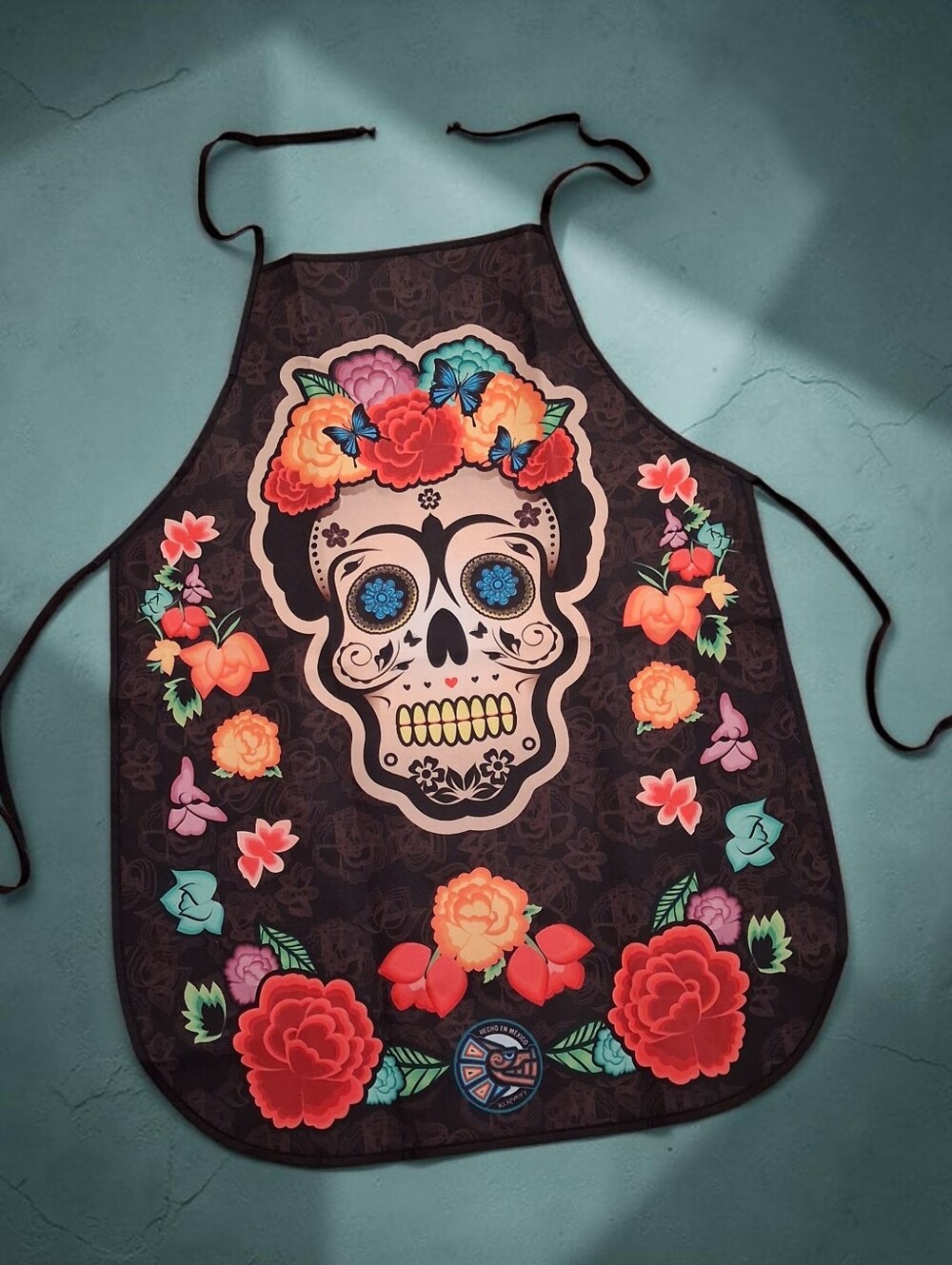 Black Day Of The Dead Sugar Skull Floral Bib Apron Colorful Vibrant Bold